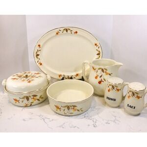 Vintage Hall China Autumn Leaf Covered Casserole Platter‎ Salt Pepper Pitcher